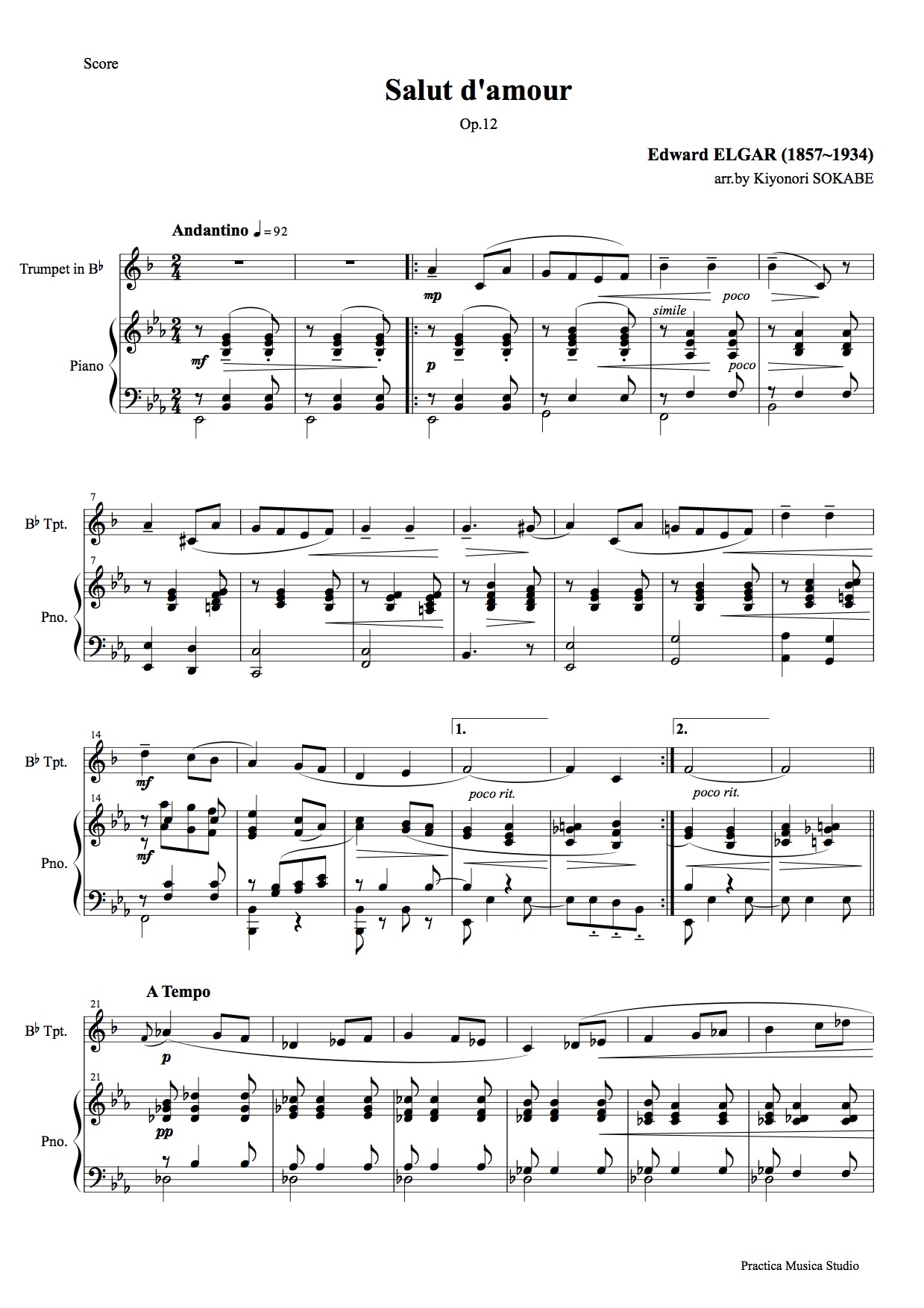愛のあいさつ (エルガー) 鍵盤/管楽 - トランペットとピアノのための二重奏 | 現代日本の音楽の楽譜 | SOKABE Music  Publishing